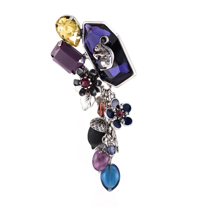 Tone Metal Squirrel And Purple Crystal Flowere Charm Brooches