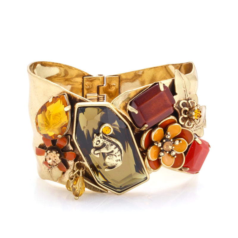 Gold-Tone Metal Squirrel Orange And Crystal Flower Hinged Bracelet