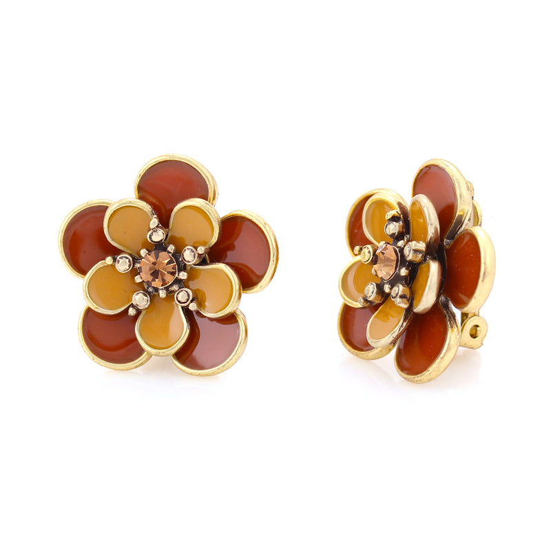 Gold-Tone Metal Peach And Orange Flower Crystal Clip On Earrings