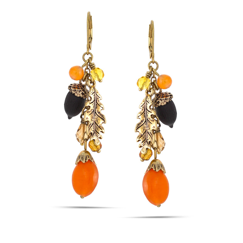Gold-Tone Metal Orange Crystal Acorn And Leaf Charm Earrings