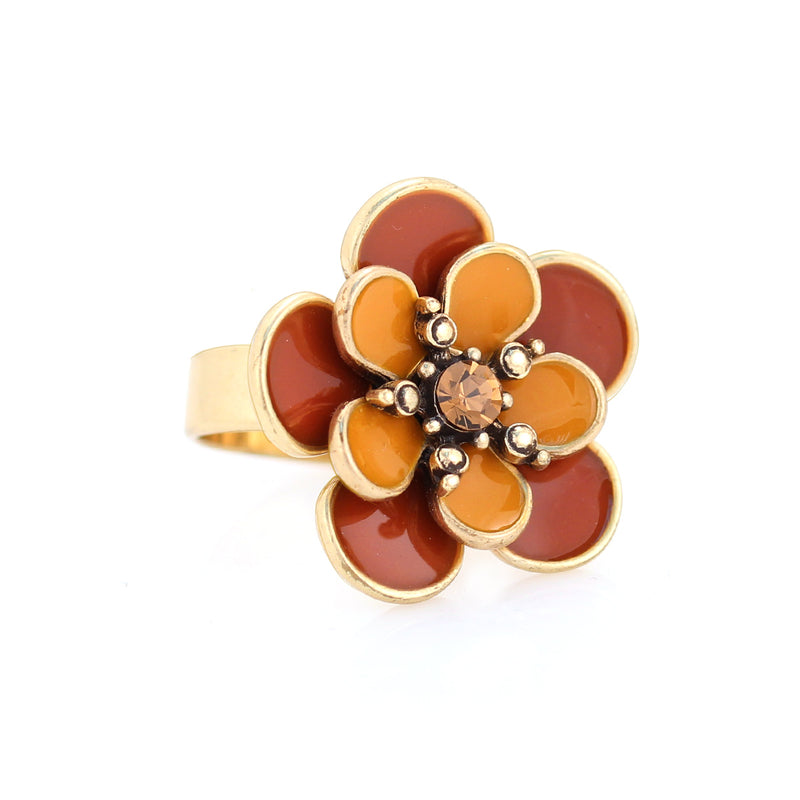 Gold-Tone Metal Peach And Orange Flower Crystal Adjustable Up To Size 8 Ring