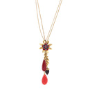 Gold-Tone Metal Red Crystal Acorn Flower And Leaf Charm 2 Layered Necklace