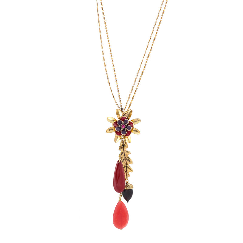 Gold-Tone Metal Red Crystal Acorn Flower And Leaf Charm 2 Layered Necklace