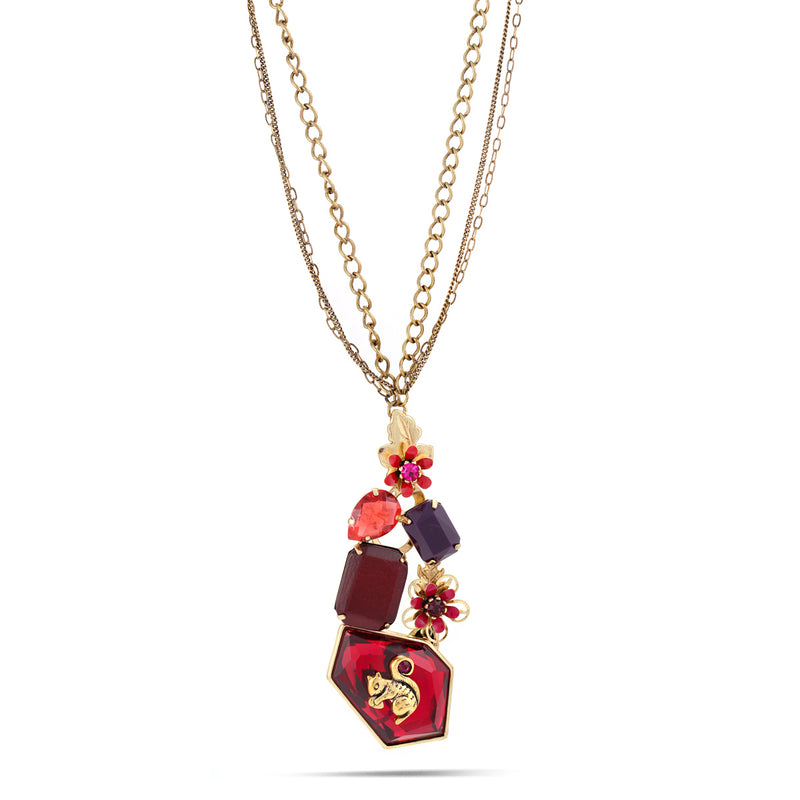 Gold-Tone Metal Squirrel Red And Purple Crystal Flower Necklaces