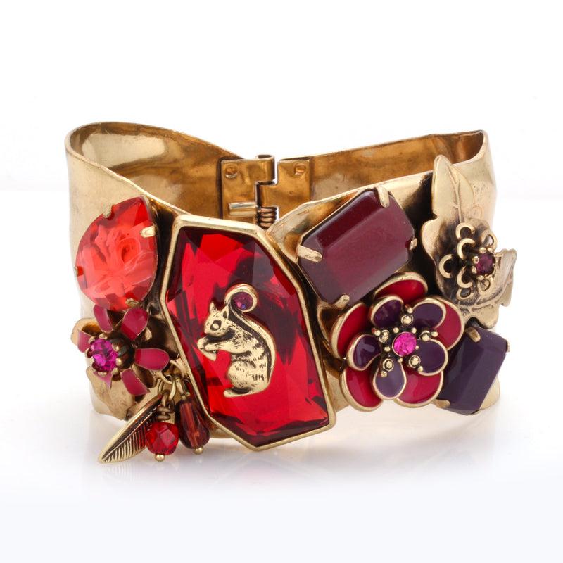 Gold-Tone Metal Squirrel And Red Crystal Flower Hinged Bracelet