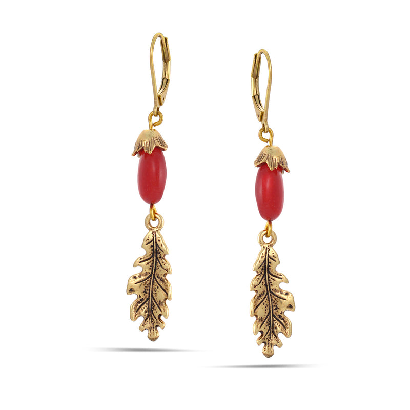 Gold-Tone Metal Leaf Red Drop Earrings