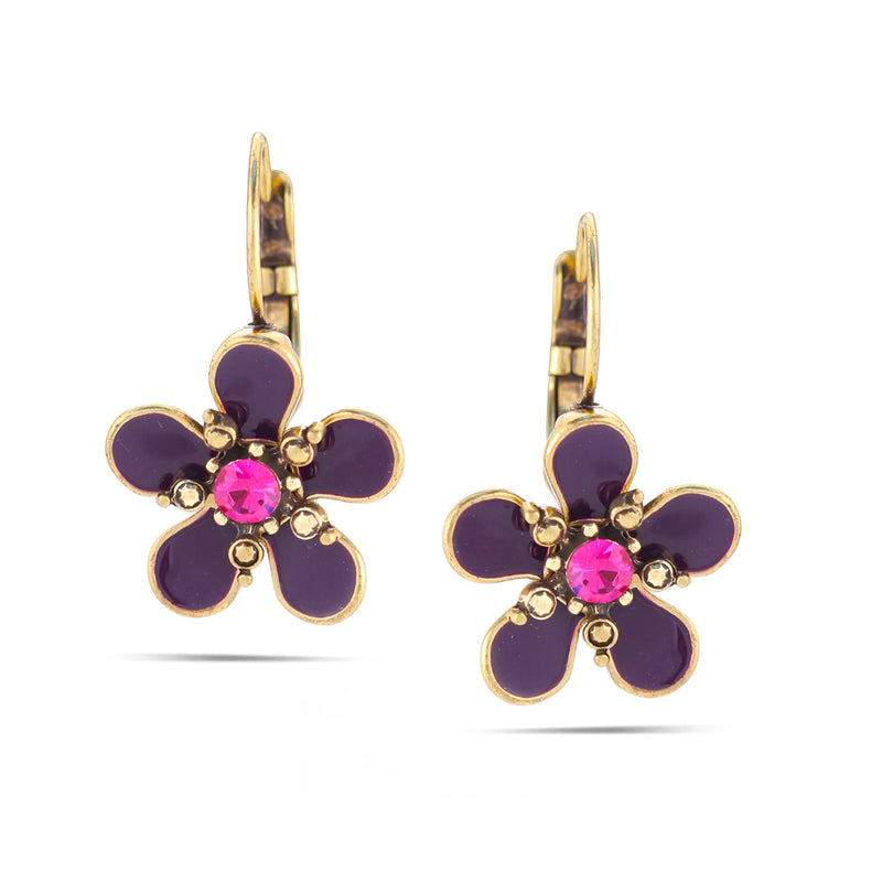 Gold-Tone Metal Purple Flower Crystal Earrings