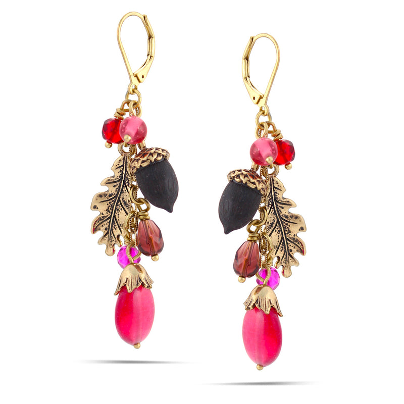 Gold-Tone Metal Red Crystal Acorn And Leaf Charm Earrings