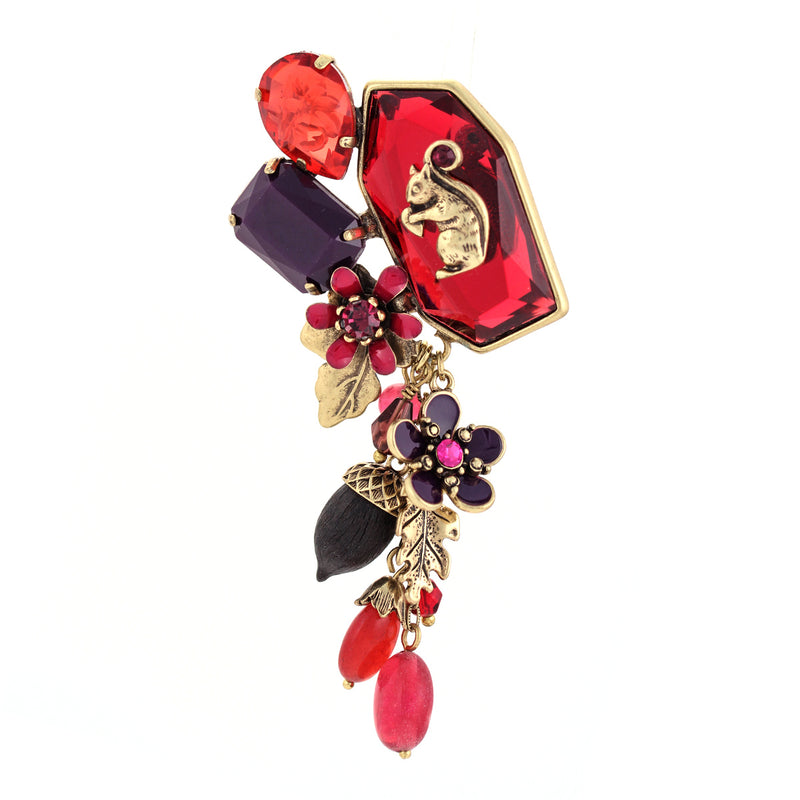 Gold-Tone Metal Squirrel And Red Crystal Flower Brooches