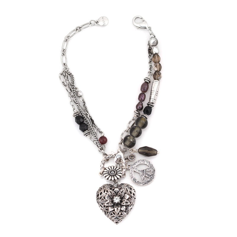 Silver-Tone Metal Filigree Heart Charms Grey Wrap Around Bracelets