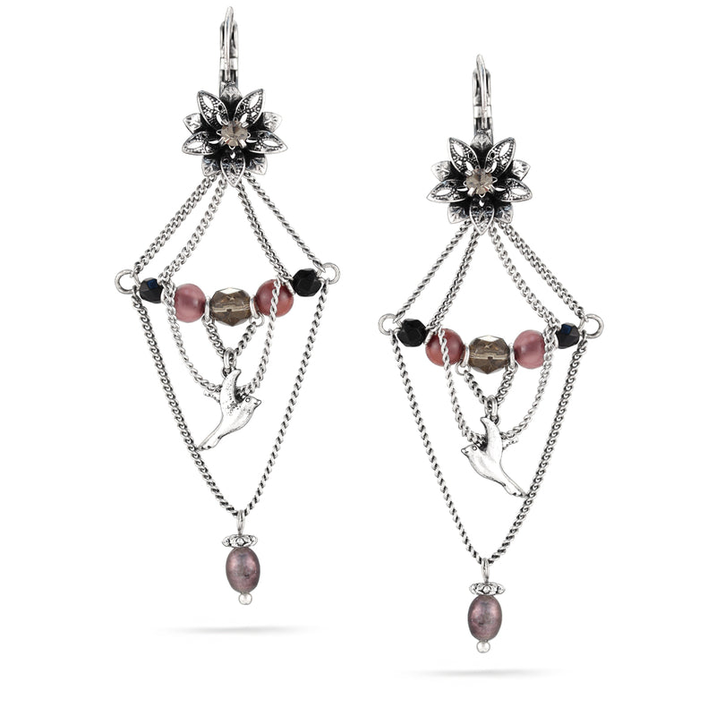 Silver-Tone Metal Flower Crystal Drop Earrings