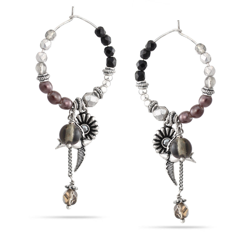 Silver-Tone Metal Flower And Bird Beads Hoop Earrings