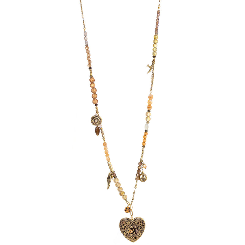 Gold-Tone Metal Mix Charms Heart Locket And Beads Lobster Claw Closure Layered Necklaces