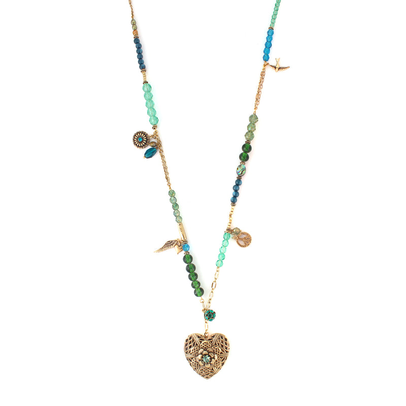 Gold-Tone Metal Heart Green Crystal Charm Necklace