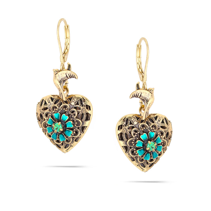 Gold-Tone Metal Heart Filigree Green Crystal Earrings