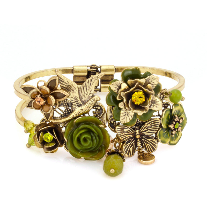 Gold-Tone Metal Green Flower Butterfly And Bird Hinged Bracelets