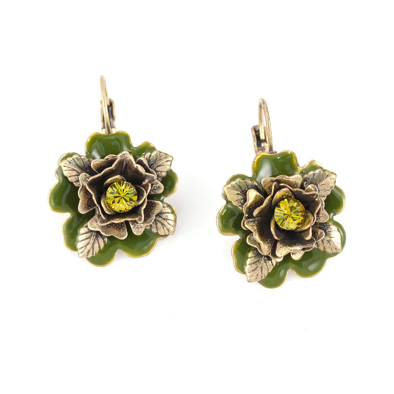 Gold-Tone Metal Green Flower Crystal Drop Earrings