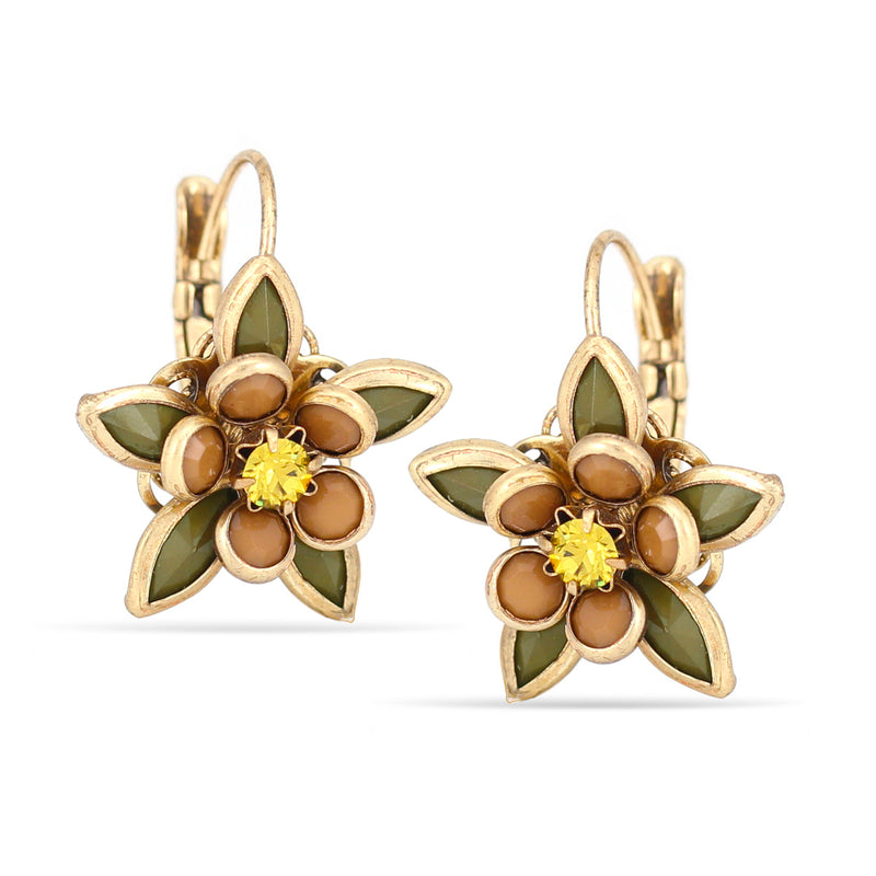 Gold-Tone Metal Olive And Yellow Crystal Flower Drop Earrings