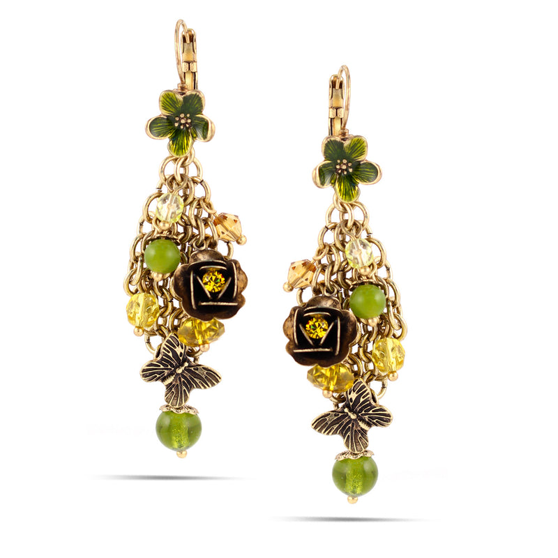 Gold-Tone Metal Green Flower Crystal Drop Earrings