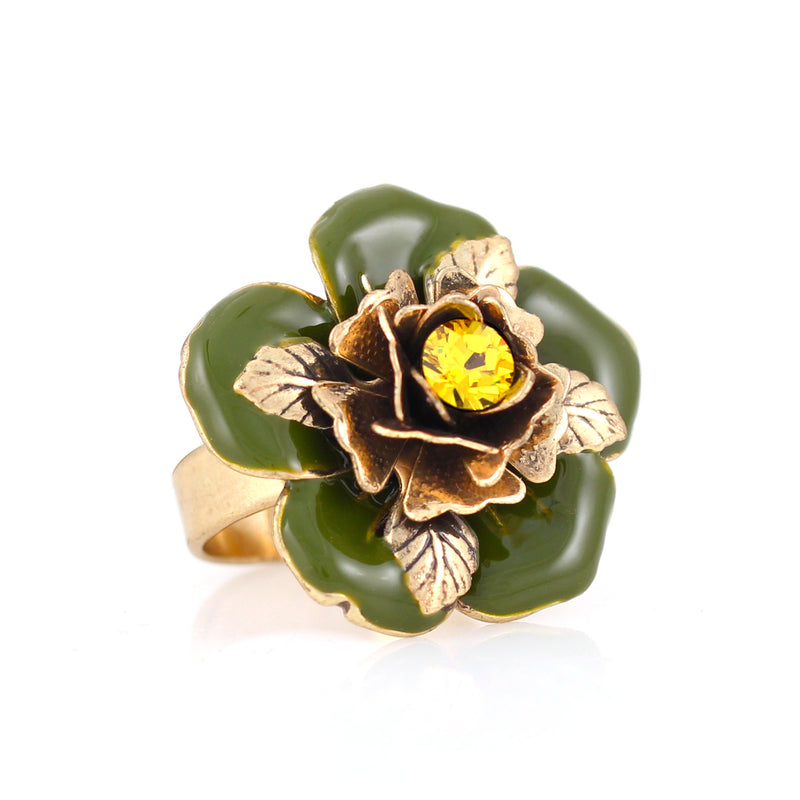 Gold-Tone Metal Green Flower Crystal Adjustable Rings