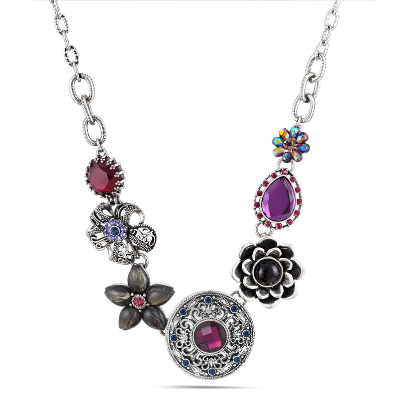 Silver-Tone Metal Purple Stone Flower Necklace