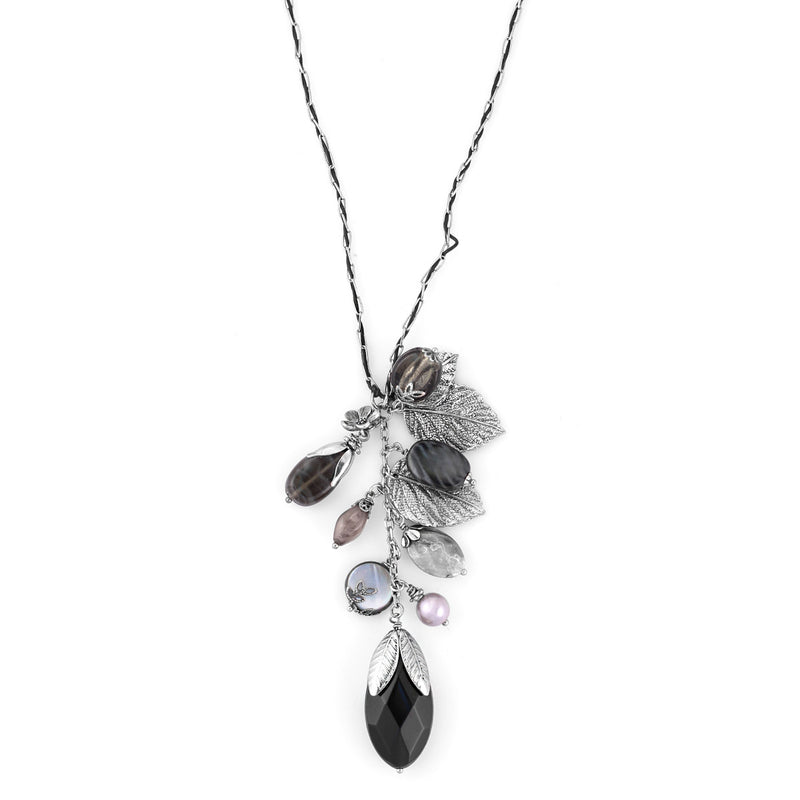 The Bohm 'Autumn Leaves' Glass Bead And Charm Cluster Longer Length Necklace. Oxidized Rhodium Plate And Black Beads. The Beads/Charms Measure 1Cm/10Mm Up To 4.5Cm/45Mm. 'Elongated' Rectangular Links Approx. 3Mm Wide, With Fine Leather Cord Interwoven Thr
