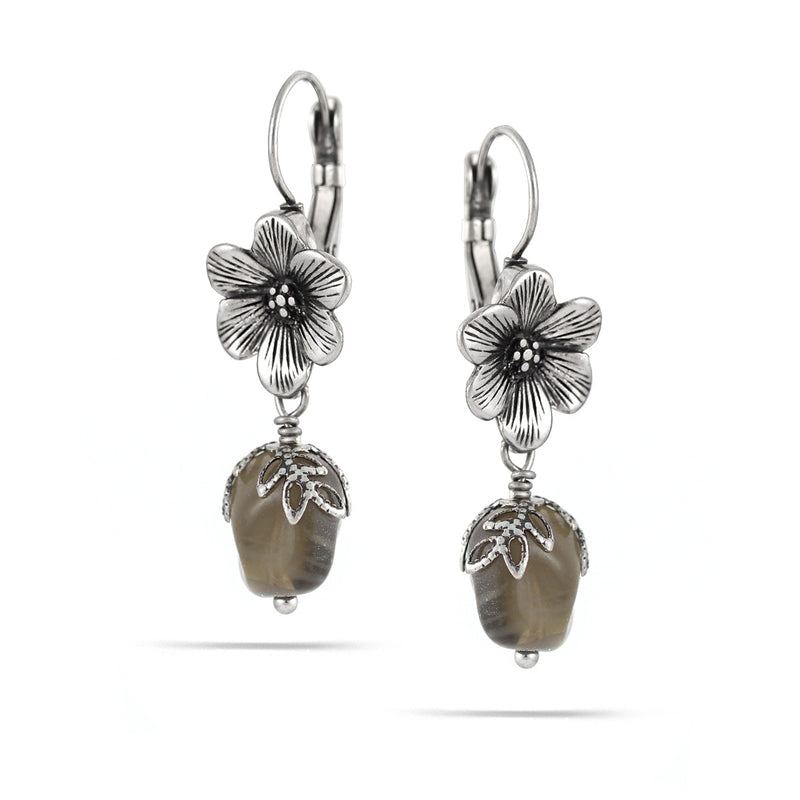 Antique-Dilver-Tone Metal Flower Gray Drop Earrings