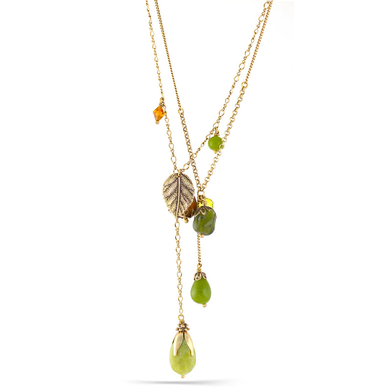 Gold-Tone Metal Olive Stone And Mix Charm Necklace