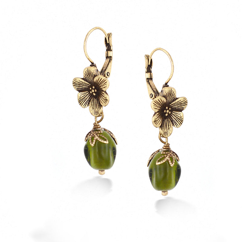 Gold-Tone Metal Flower Green Beads Drop Earrings