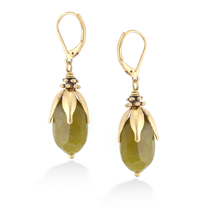 Gold-Tone Metal Olive Faceted Stone Drop Earrings