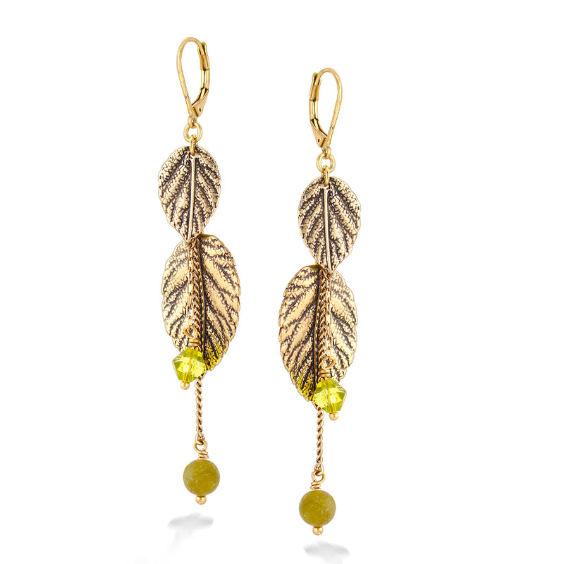 Gold-Tone Metal Leaf And Green Beads Charm Earrings