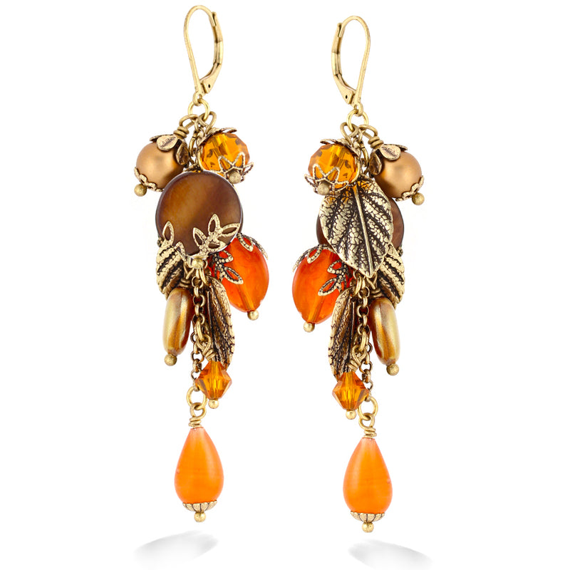 Gold-Tone Metal Leaf Carnelian Beads And Gold Pearl Charm Earrings