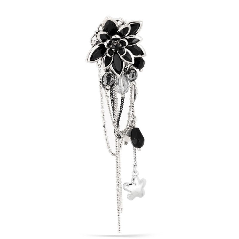 Silver-Tone Metal Black Flower Charm Brooches 