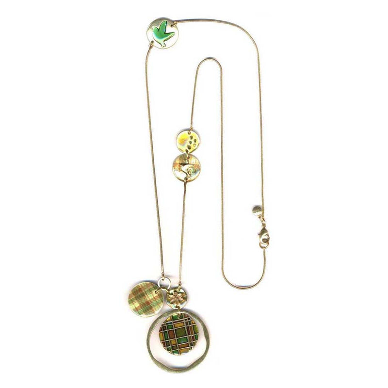  This Pretty Necklacecombines An Array Of Different Mediums Including An Iridescent Mother-Of-Pearl Disc With Plaid Design And Disc Watercolr Enamels, Raised Flower Tree And Bird Motifs