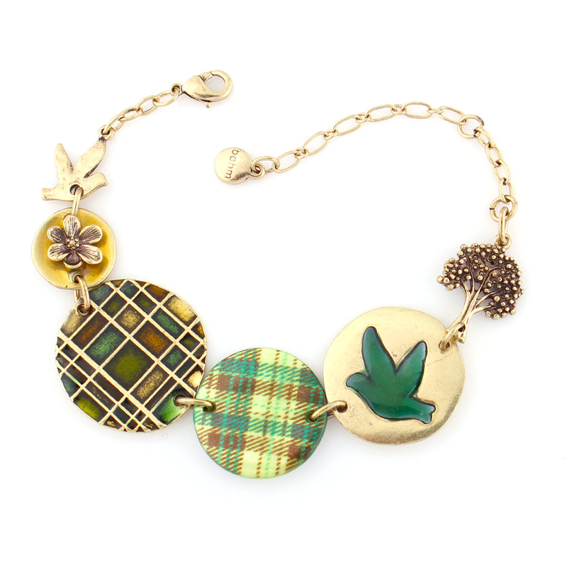 This Pretty Bracelet Combines An Array Of Different Mediums Including An Iridescent Mother-Of-Pearl Disc With Plaid Design And Inlaid Bird Disc Watercolour Enamels, Raised Flower Tree And Bird Motifs. Smallest Bird Motif 1.5Cm/15Mm Largest Plaid Disc 2.8C