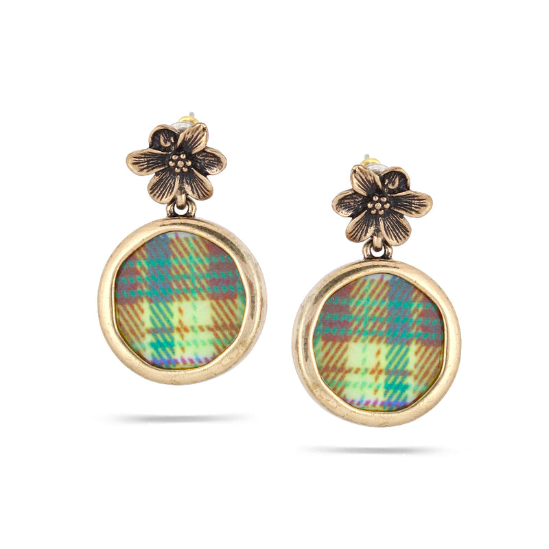 Gold-Tone Metal Mother-Of-Pearl Disc With Plaid Design Earrings