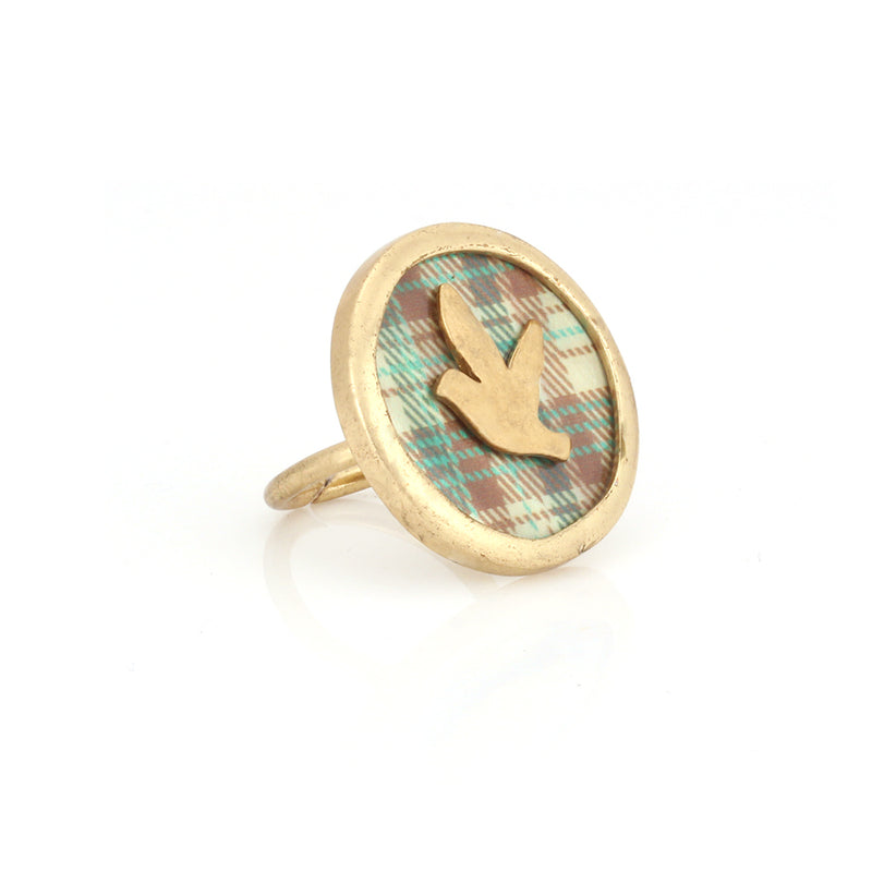 Gold-Tone Metal Mother Of Pearl Disc With Plaid Desigbn Bird Adjustable To Fit Most Sizes Ring