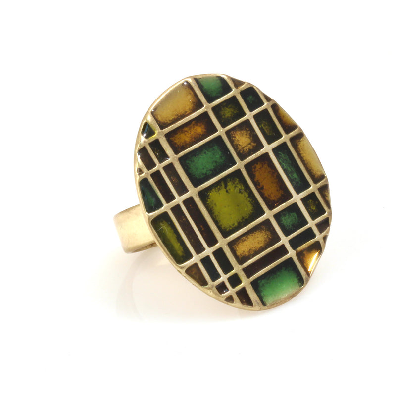 Gold Green And Brown Resin Adjustable Up To Size 8 Ring
