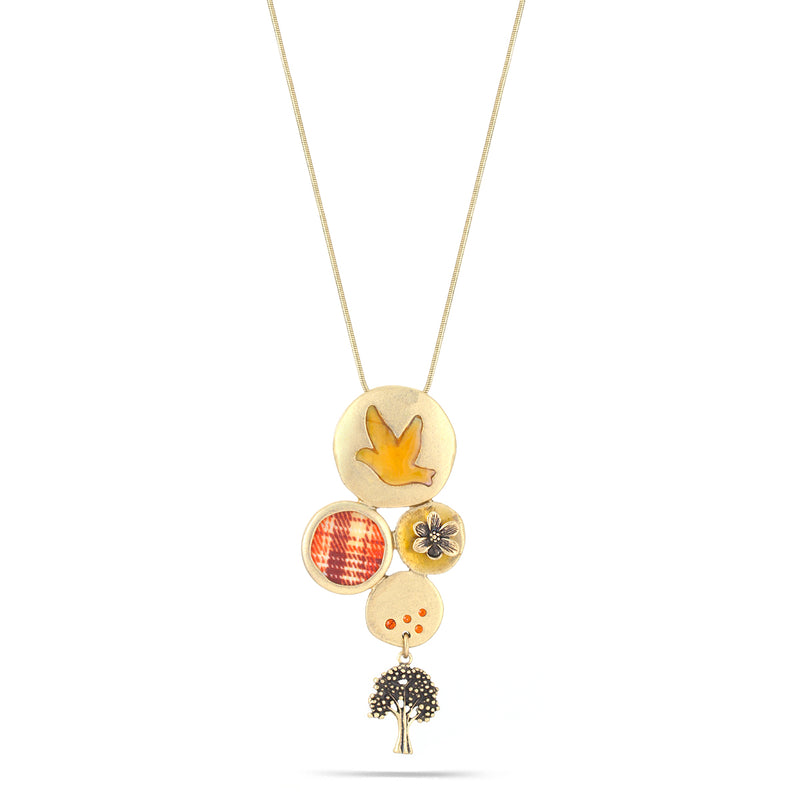 Gold-Tone Brushed Metal Carnelian Color Stone Pendant Necklace