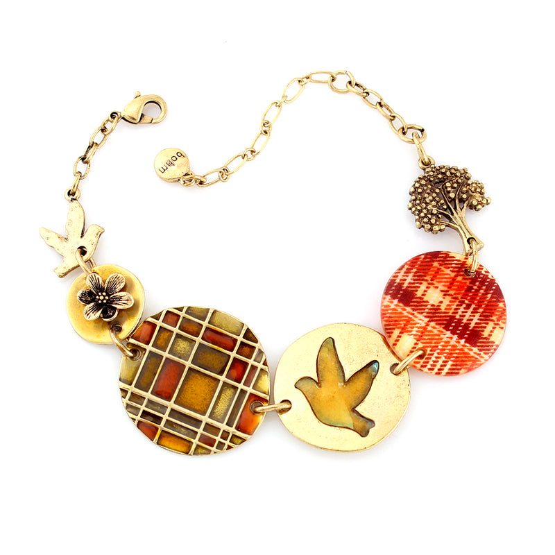 This Pretty Bracelet Combines An Array Of Different Mediums Including An Iridescent Mother-Of-Pearl Disc With Plaid Design And Inlaid Bird Disc Watercolour Enamels, Raised Flower Tree And Bird Motifs. Smallest Bird Motif 1.5Cm/15Mm Largest Plaid Disc 2.8C