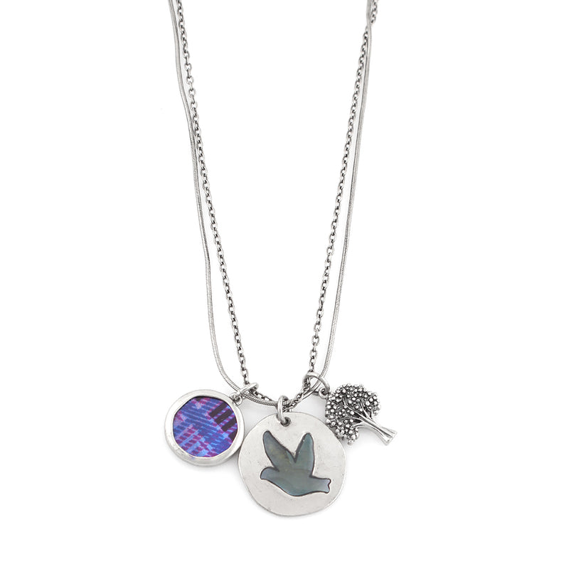 Adjustable Necklace With A Mixed Charm Pendan. This Pretty Necklace Combines An Array Of Different Mediums Including A Framed Iridescent Mother Of Pearl Disc With Plaid Design (1.8Cm/18Mm) Watercolour Enamels, Mother-Of-Pearl Inlaid Bird Disc (2.5Cm/25Mm)
