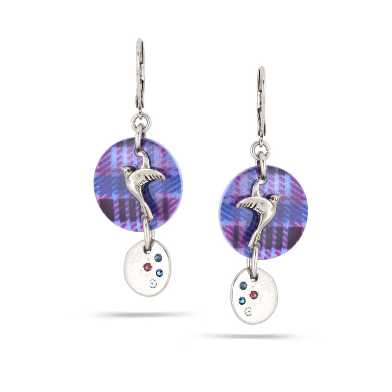 Rhodium-Tone Metal Mother Of Pearl Disc With Plaid Design Earrings