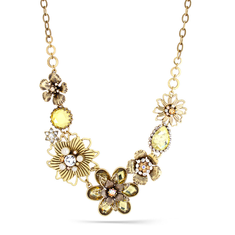 Gold-Tone Metal Yellow Flower And Gold Crystal Necklace