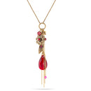 Gold-Tone Metal Red Faceted Stone Pearl Flower And Leaf Necklace
