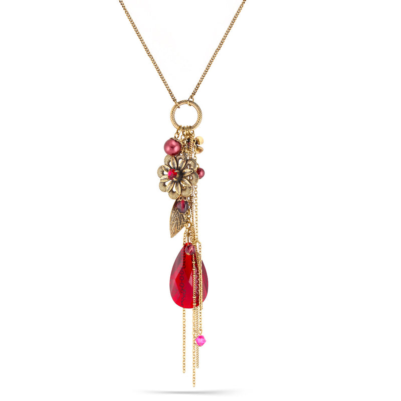 Gold-Tone Metal Red Faceted Stone Pearl Flower And Leaf Necklace
