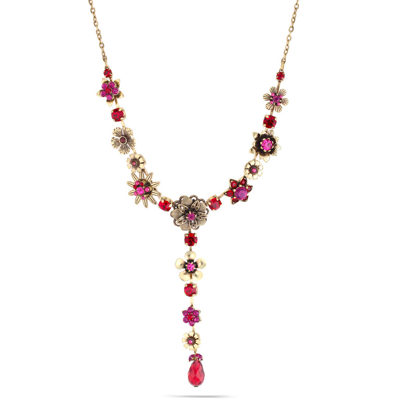 Gold-Tone Metal Flower Red And Purple Crystal Necklace