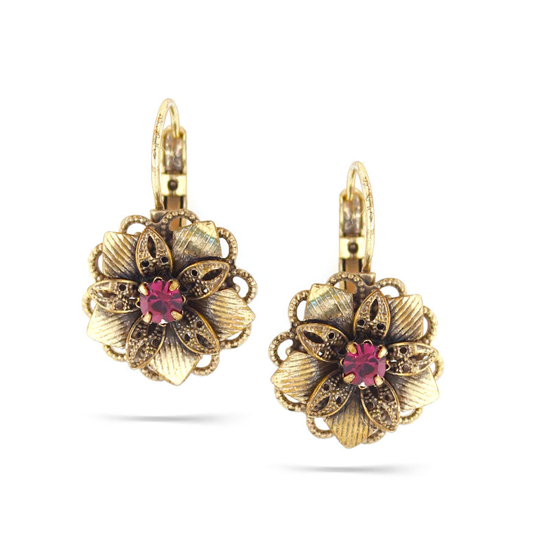 Gold-Tone Metal Flower Amethyst Crystal Earrings