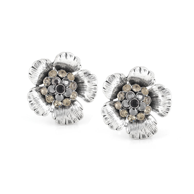 Silver-Tone Metal Flower Crystal Clip On Earrings