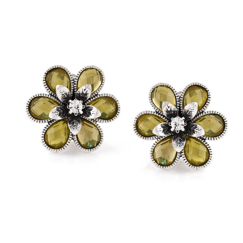Silver-Tone Metal Green And White Crystal Flower Stud Earrings 