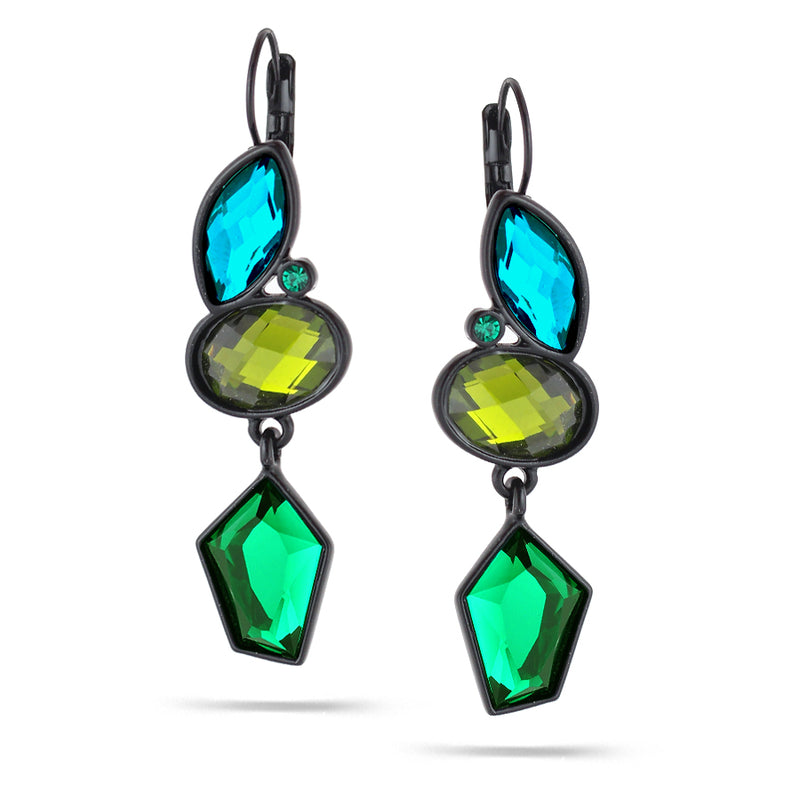 Black -Tone Metal Green Olive And Aqua Blue Faceted French Clip Earrings
